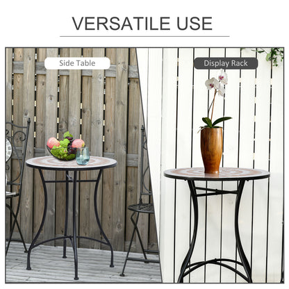 60 cm Mosaic Garden Table, Small Round Outdoor Side Table with Ceramic Top, Plant Stand for Patio, Balcony, Orange and White