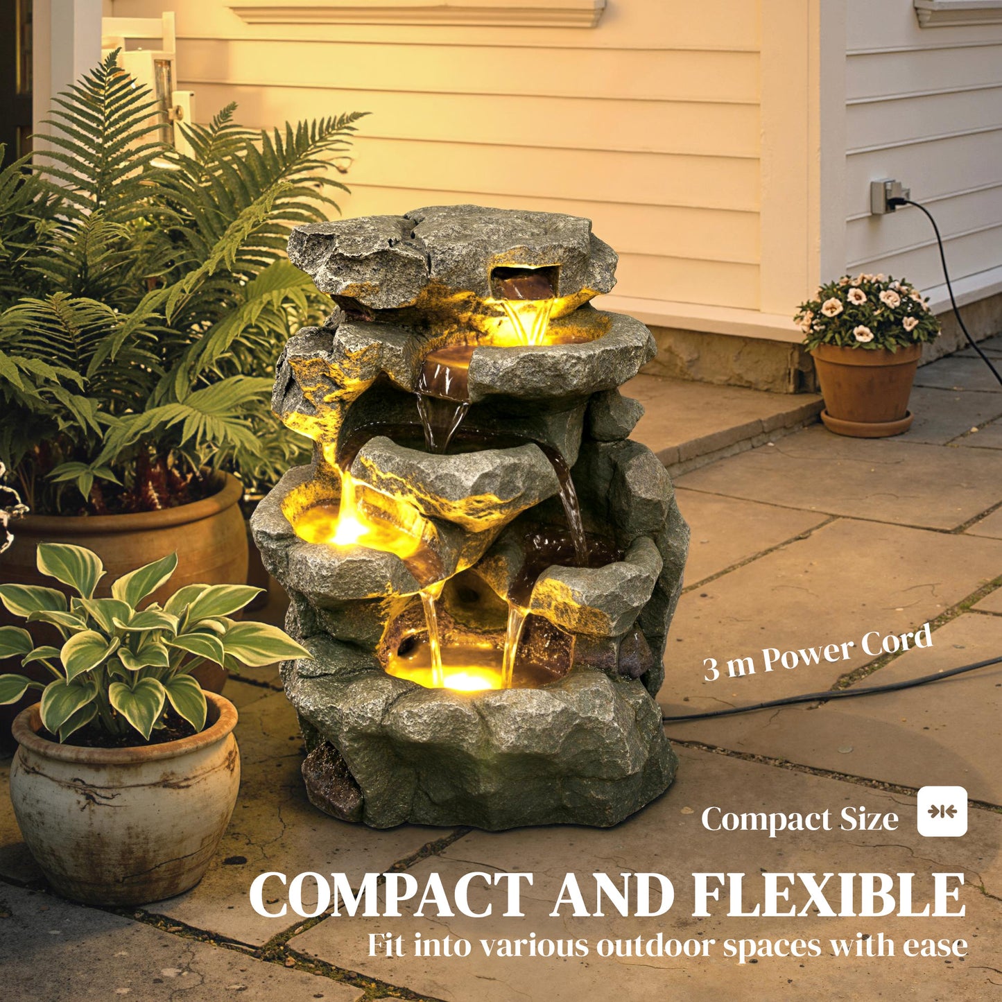 Outdoor Fountain with 6-Tier Rock Design, Waterfall Feature with LED Lights, Resin Freestanding Garden Fountain, Grey
