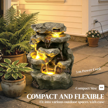 Outdoor Fountain with 6-Tier Rock Design, Waterfall Feature with LED Lights, Resin Freestanding Garden Fountain, Grey