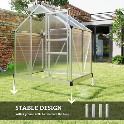 Polycarbonate Greenhouse, Large Walk-In Green House with Slide Door and Window, Aluminium Frame, 6x4ft, Silver Tone