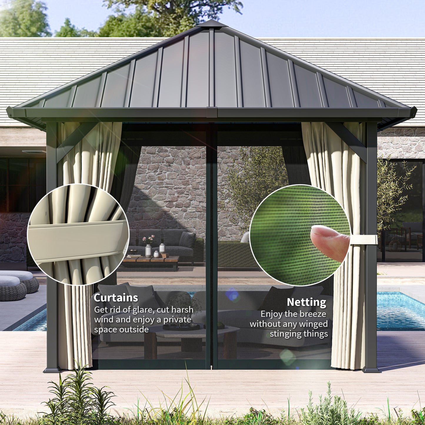 3 x 3(m) Hardtop Gazebo with Galvanised Steel Roof and Water Gutter, Waterproof Permanent Pavilion Garden Gazebo