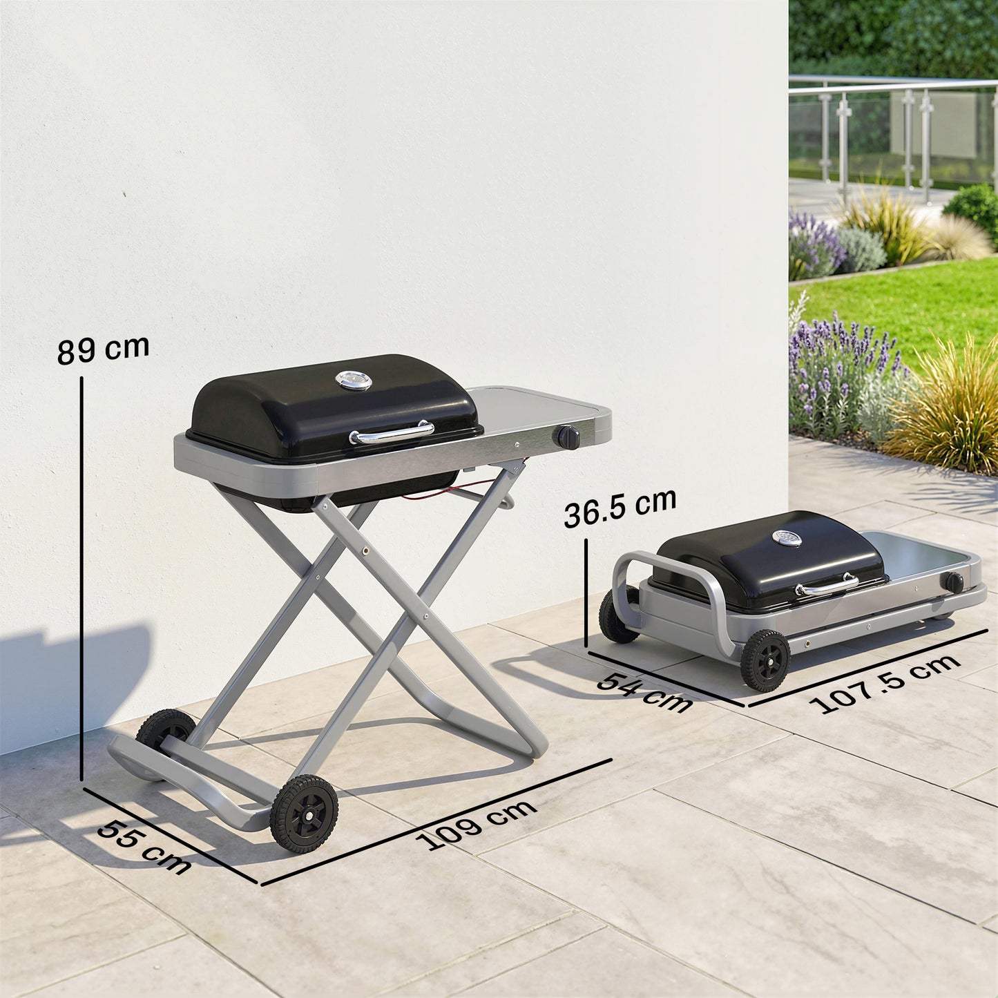 Foldable Gas BBQ Grill with Side Table, Portable Gas Barbecue Grill with Thermometer, Grease Box, Wheels, 2.5 kW, Black