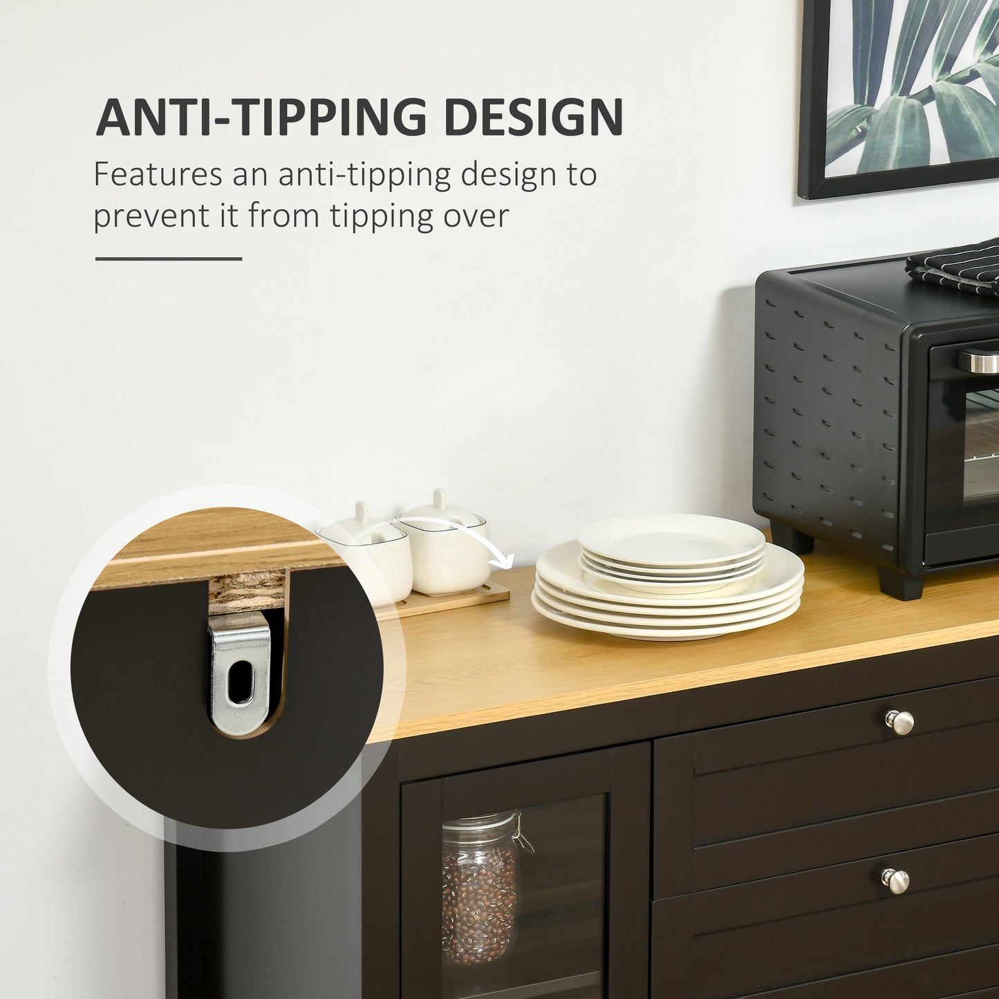 Modern Storage Cabinet, Sideboard with Oak Top, 4 Doors, 2 Drawers and 5 Adjustable Shelves, Black Brown