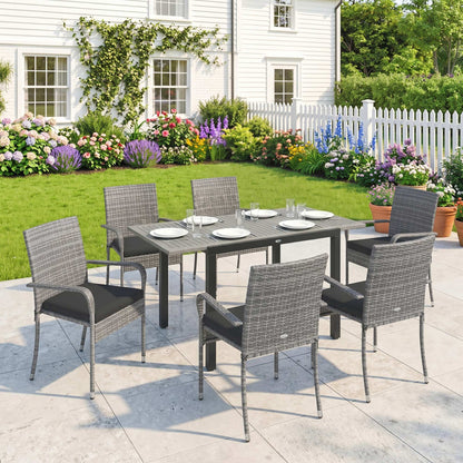 7 Piece Rattan Garden Furniture Set, 6 Seater Garden Table and 6 Stackable Chairs with Extendable Acacia Wood Tabletop