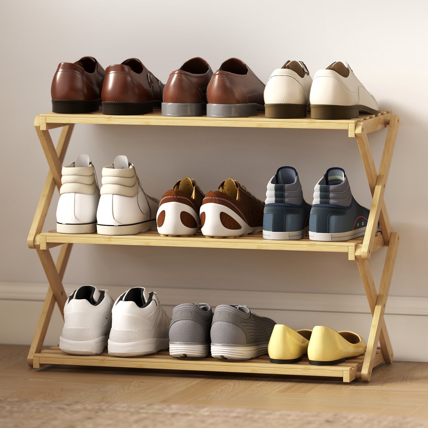 Three-Tier Folding Bamboo Shoe Rack - Natural Finish