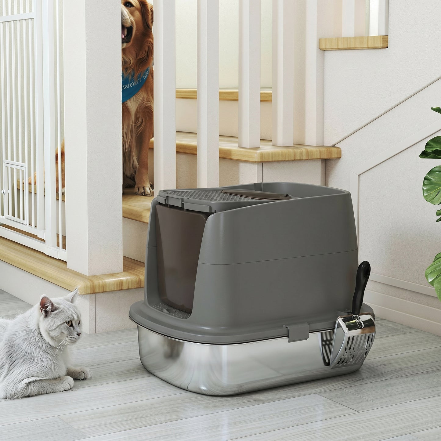 Large Stainless Steel Litter Box, Enclosed Metal Cat Litter Tray with Scoop, Deodoriser Bag, Front-Entry and Top-Exit