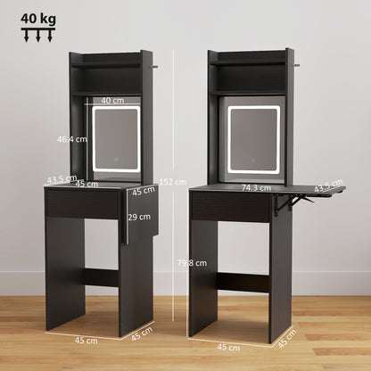 Small Vanity Desk with Mirror and LED Lights, Compact Dressing Table with Drop Leaf, Open Shelves and Drawer, Black