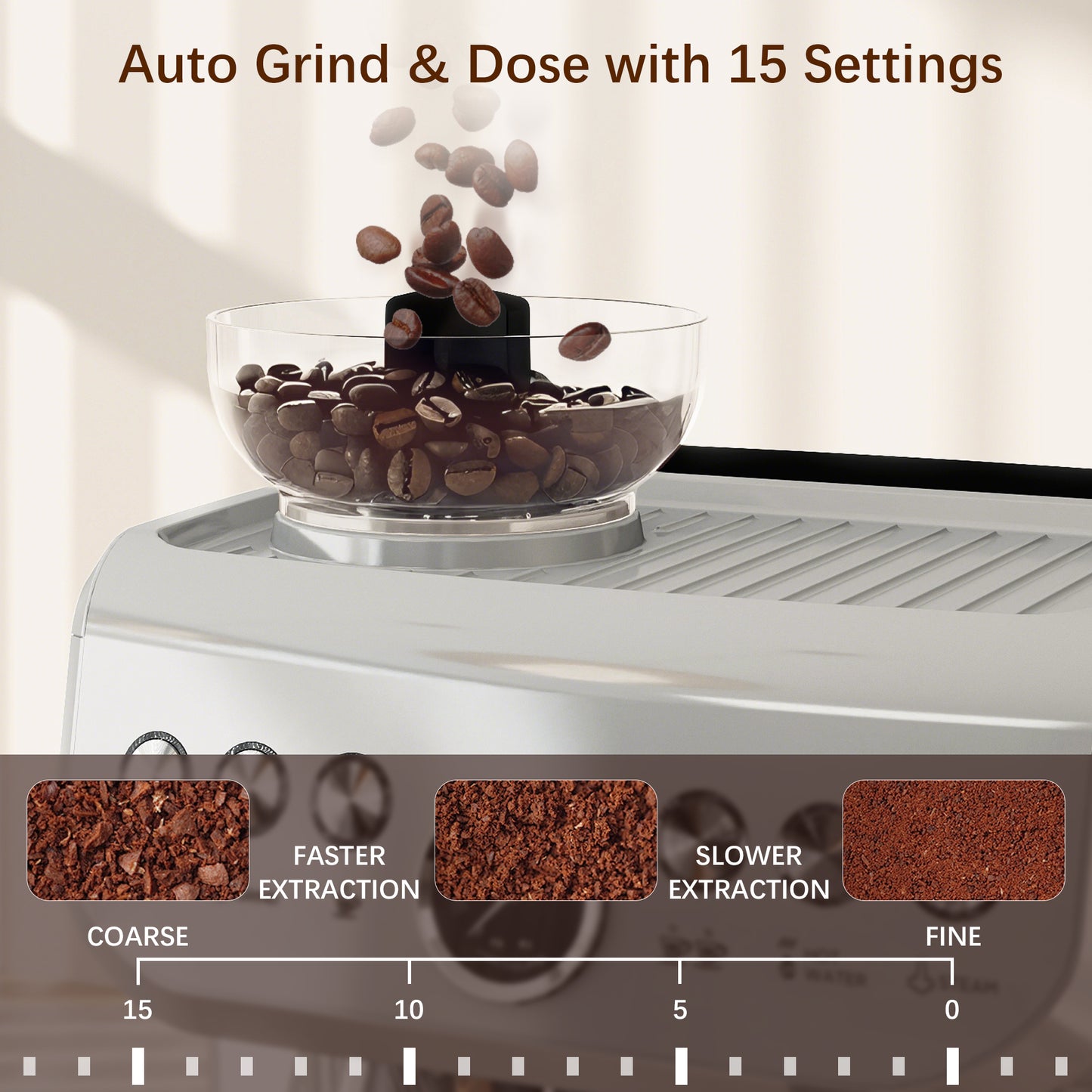 15 Bar Coffee Machine with 15 Adjustable Grind Setting, Steamer and Complete Kit - Silver Colour
