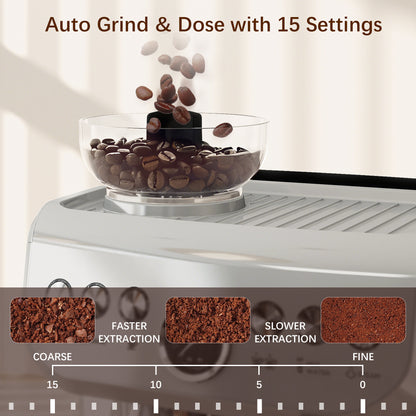 15 Bar Coffee Machine with 15 Adjustable Grind Setting, Steamer and Complete Kit - Silver Colour