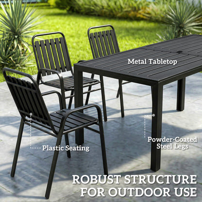 7 Pieces Outdoor Dining Set with Umbrella Hole, Garden Table and Chairs Set for 6 with Metal Table and Stackable Chairs