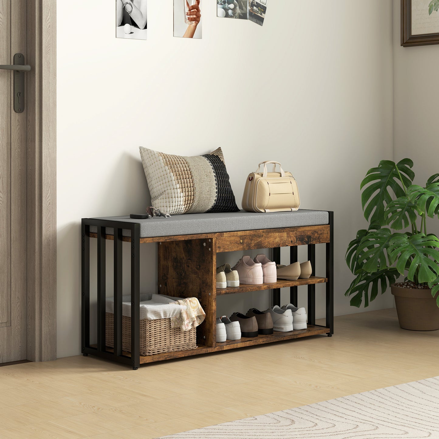 Shoe Storage with Seat, Upholstered Entryway Bench, Shoe Bench with 3 Open Shelves for Hallway, Rustic Brown