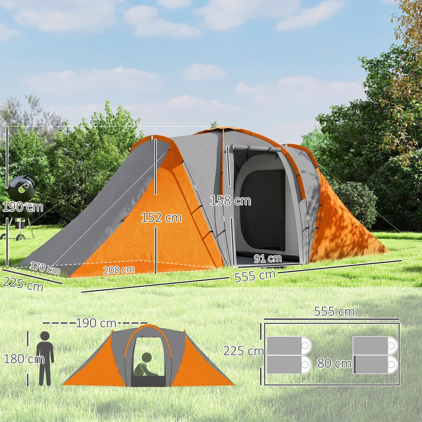 Large Camping Tent Tunnel Tent with 2 Bedroom and Living Area, 2000mm Waterproof, Portable with Bag for 4 Man, Orange