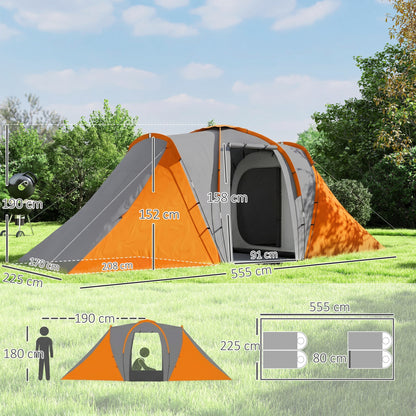 Large Camping Tent Tunnel Tent with 2 Bedroom and Living Area, 2000mm Waterproof, Portable with Bag for 4 Man, Orange