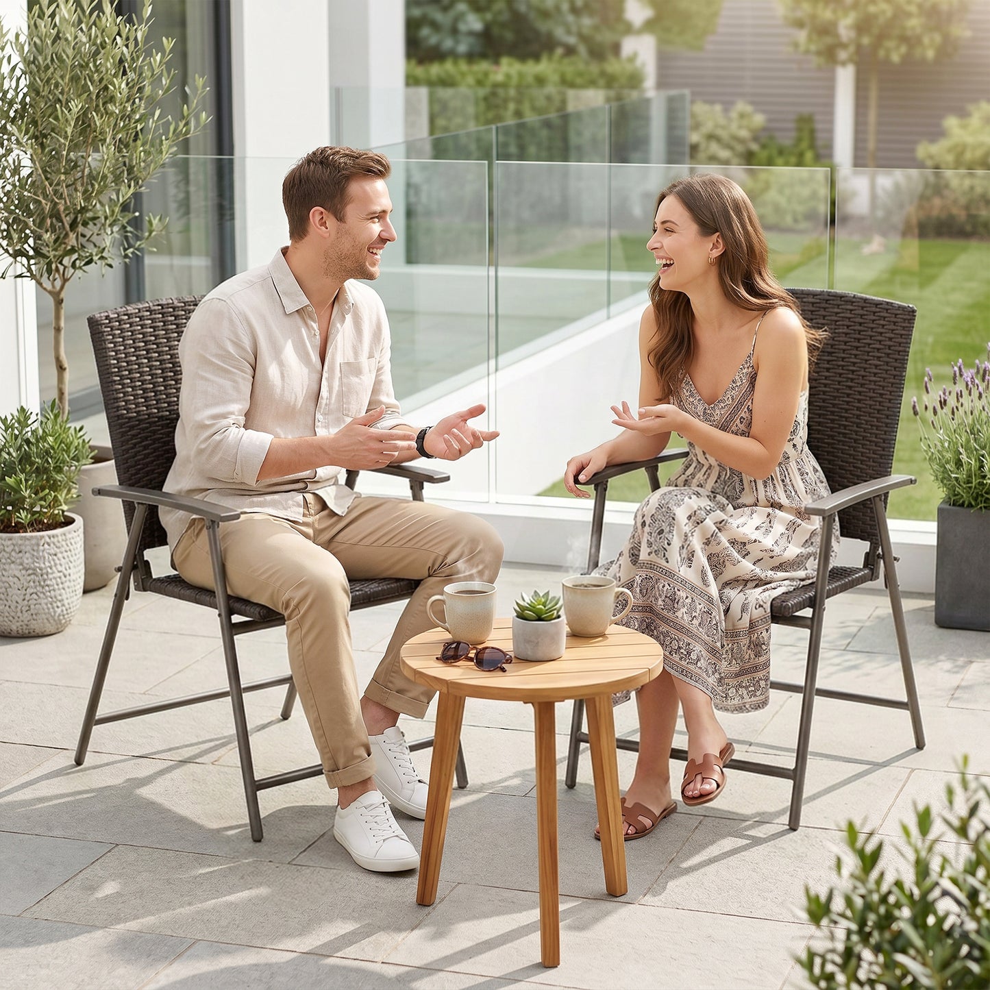 Set of Two Folding Rattan Seat Chairs - Brown