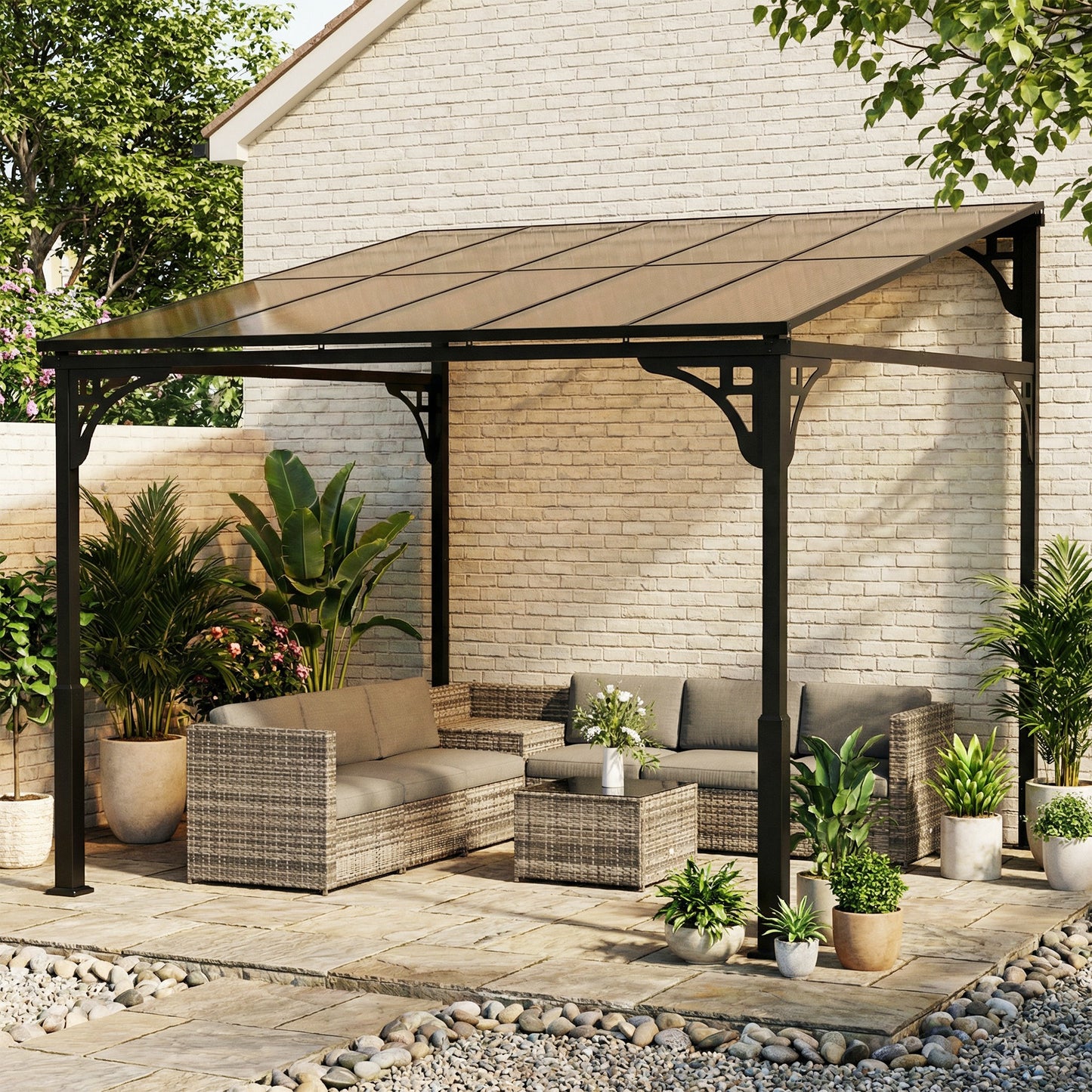 3 x 2.87 m Metal Lean-to Pergola, Wall-Mounted Hardtop Garden Pergola with Polycarbonate Roof and Metal-Aluminium Frame
