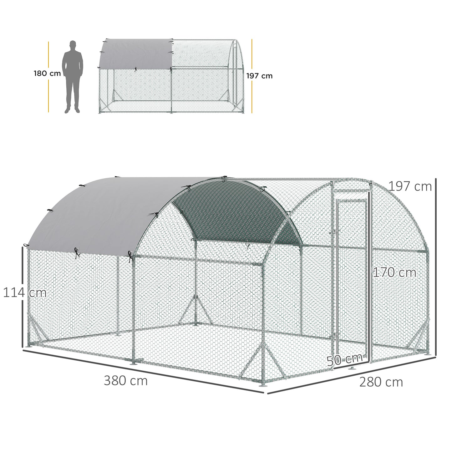2.8 x 3.8 x 2m Walk In Chicken Run Galvanised Chicken Coop with Water-Resist Cover, Silver