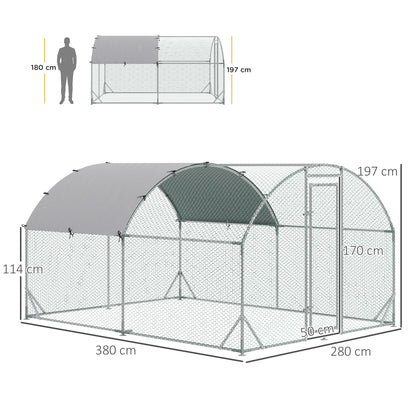 2.8 x 3.8 x 2m Walk In Chicken Run Galvanised Chicken Coop with Water-Resist Cover, Silver