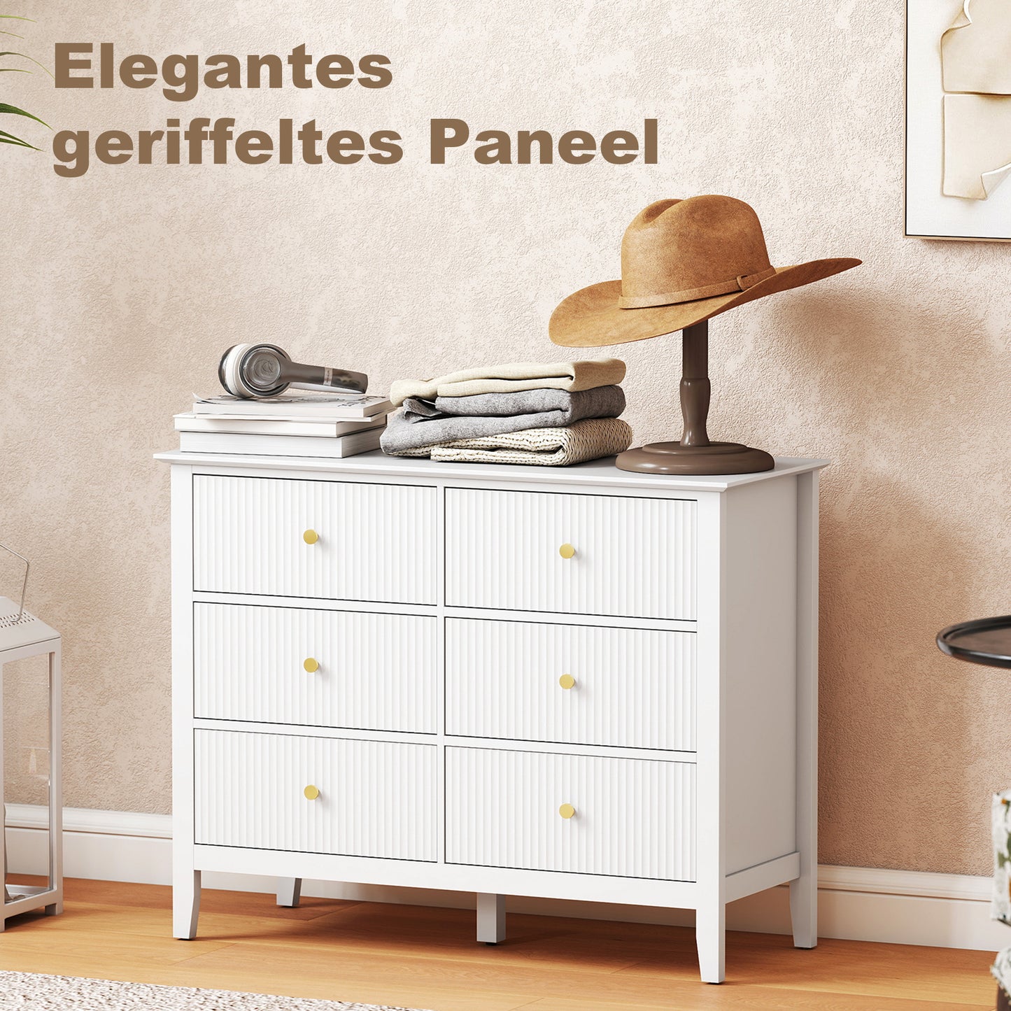 Fluted Dresser, 6 Drawer Chest of Drawers for Bedroom, Living Room, Hallway, Closet, White