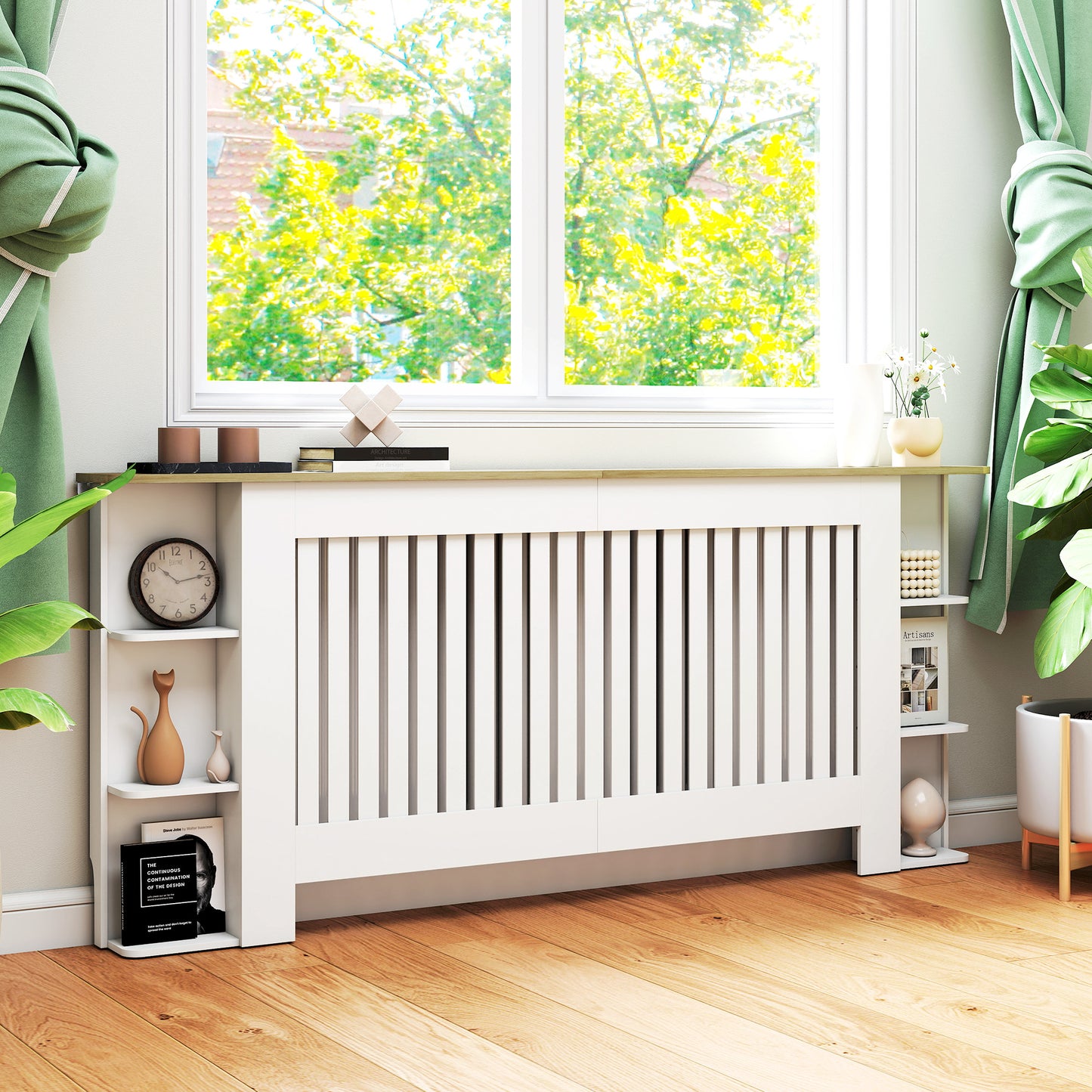 Radiator Cover with Open Storage Shelves, Vertical Slatted Cabinet Shelf Heater Cover for Living Room, Hallway, Extra Large