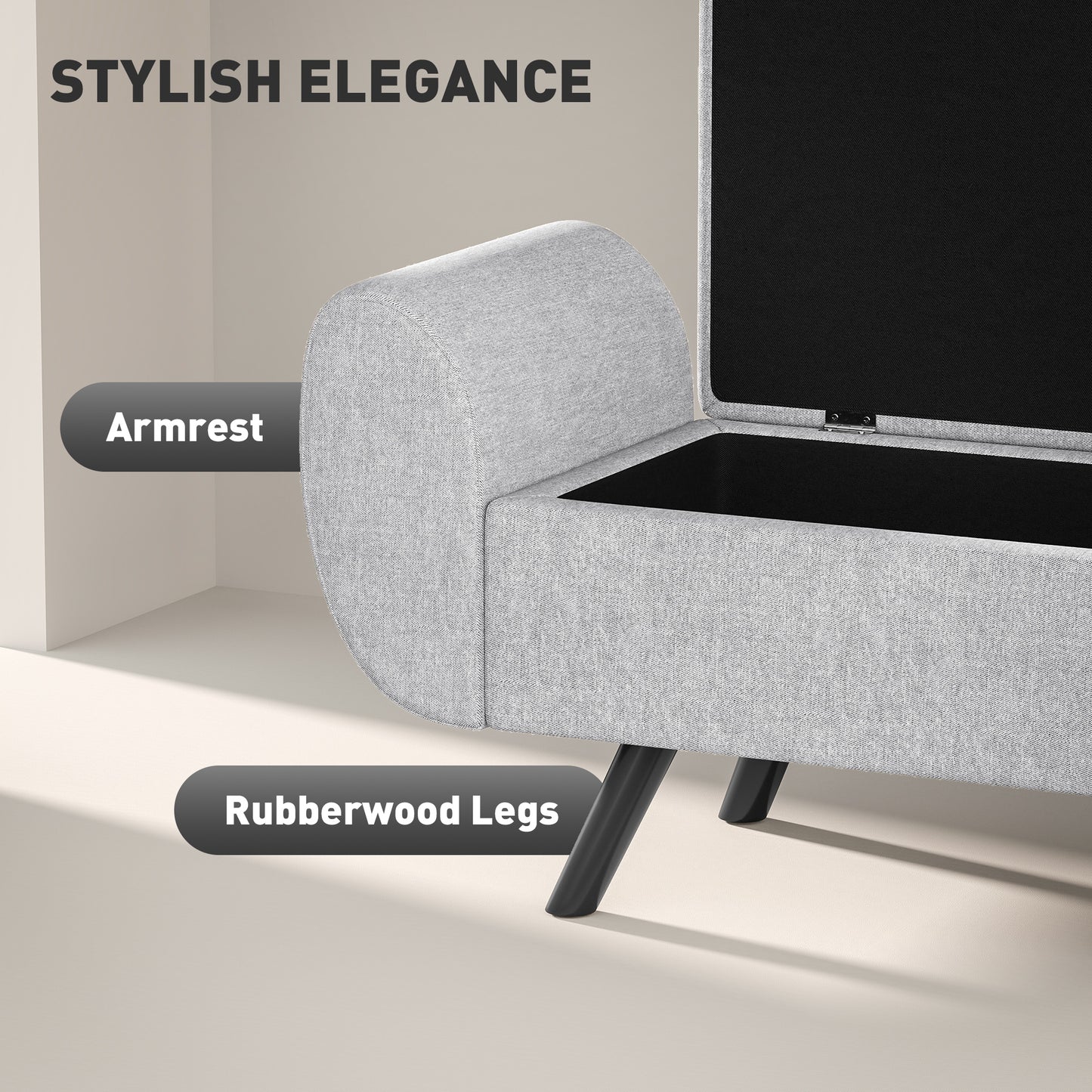 Storage Ottoman with Armrest, Window Seat, Upholstered Linen Storage Bench with Rubberwood Legs