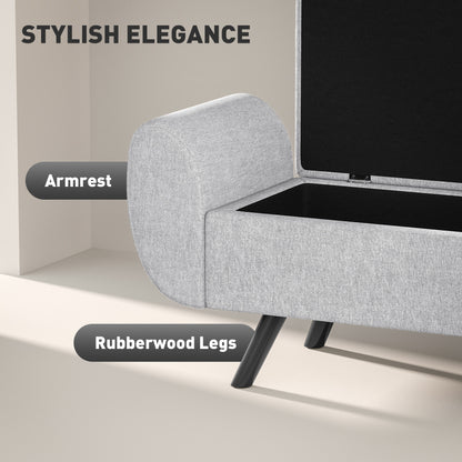 Storage Ottoman with Armrest, Window Seat, Upholstered Linen Storage Bench with Rubberwood Legs
