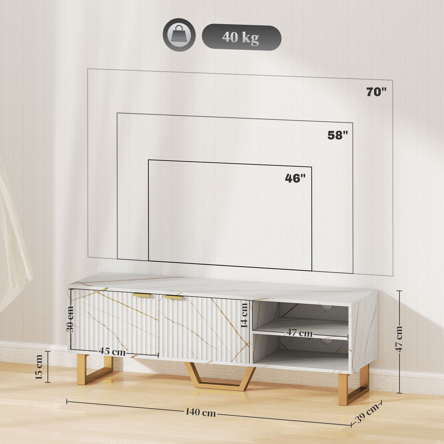Marble Effect TV Unit, Modern TV Stand Cabinet for up to 70" TVs, with Shelves and Storage Cupboard, Fluted Door