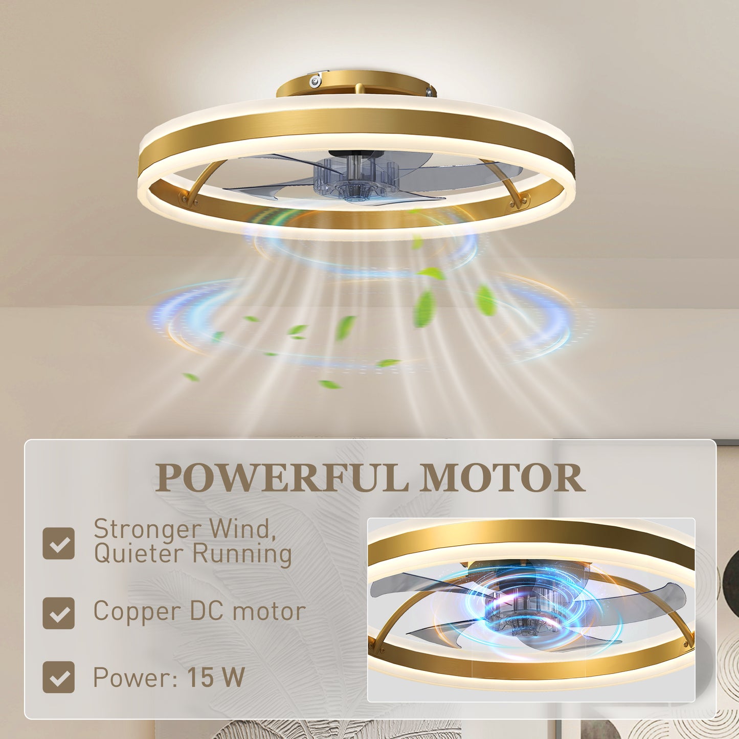 Ceiling Fan with Light and Remote, LED Mount Ceiling Fan with 3 Colour Temperatures, 6 Speed, 50 cm, Gold Tone