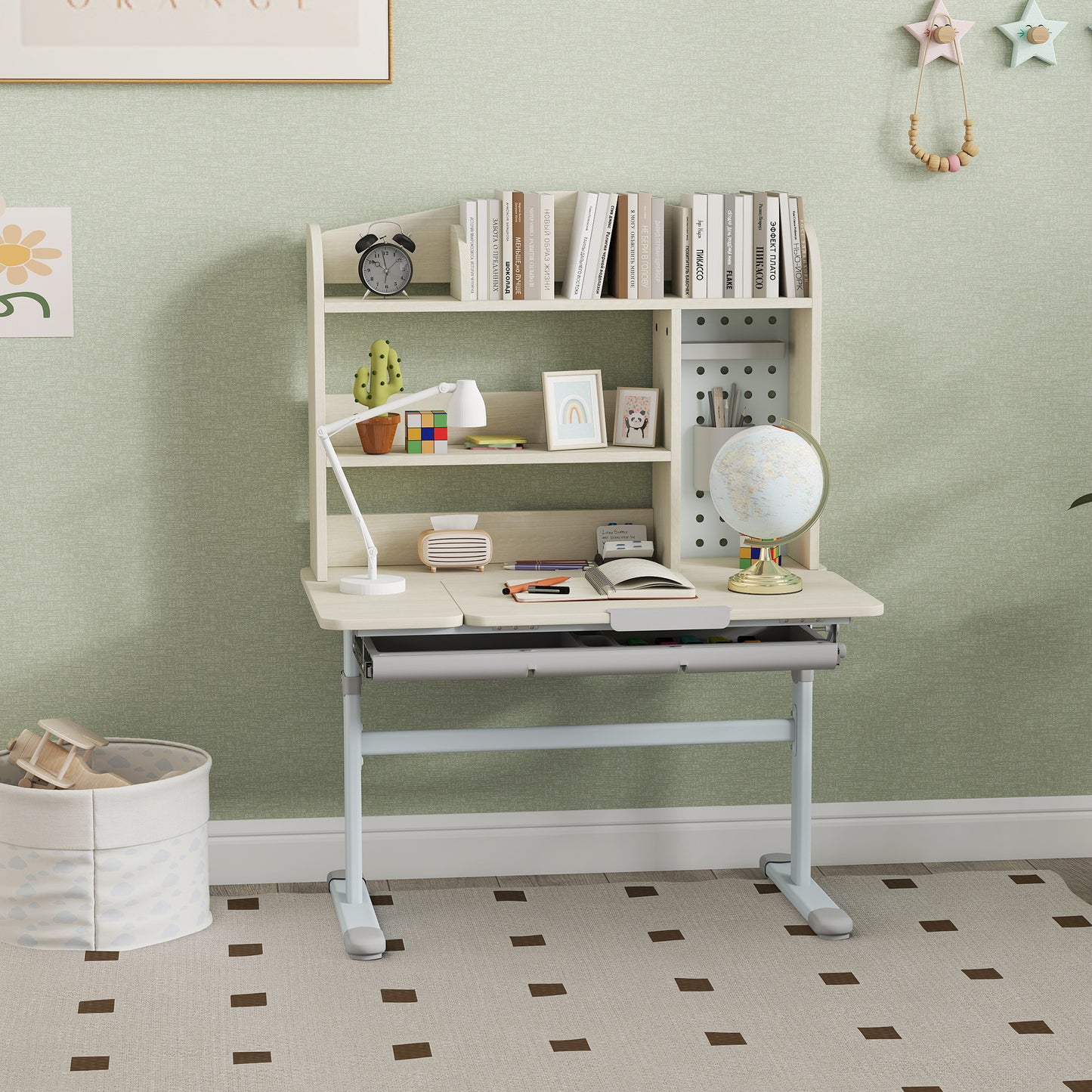 Kids Desk Height Adjustable with Tilt-Desktop, Hutch, Drawer, Storage Shelf, Pegboard, for 3-12 Years Old, Natural
