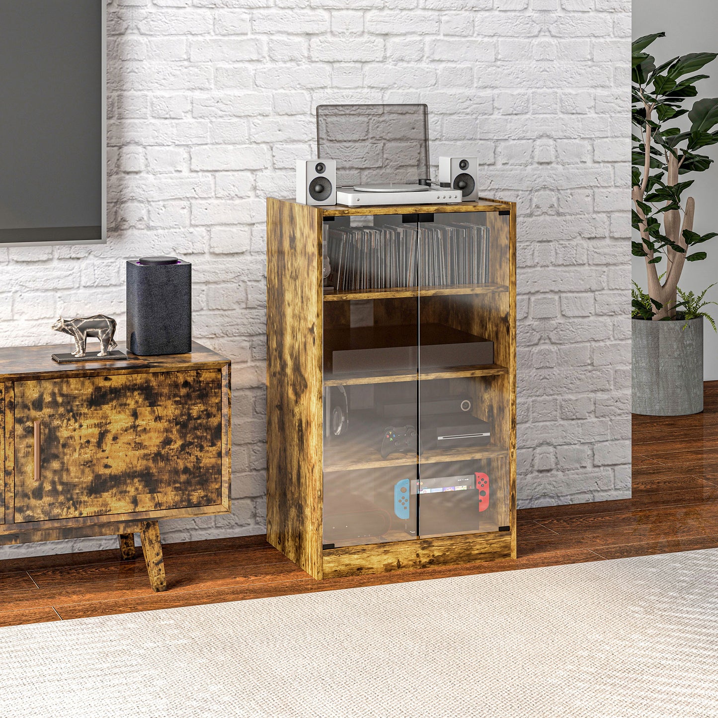 4-Tier Hi-Fi Stand, Record Player Stand with Adjustable Shelves and Push-to-Open Glass Doors, Rustic Brown