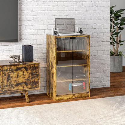 4-Tier Hi-Fi Stand, Record Player Stand with Adjustable Shelves and Push-to-Open Glass Doors, Rustic Brown