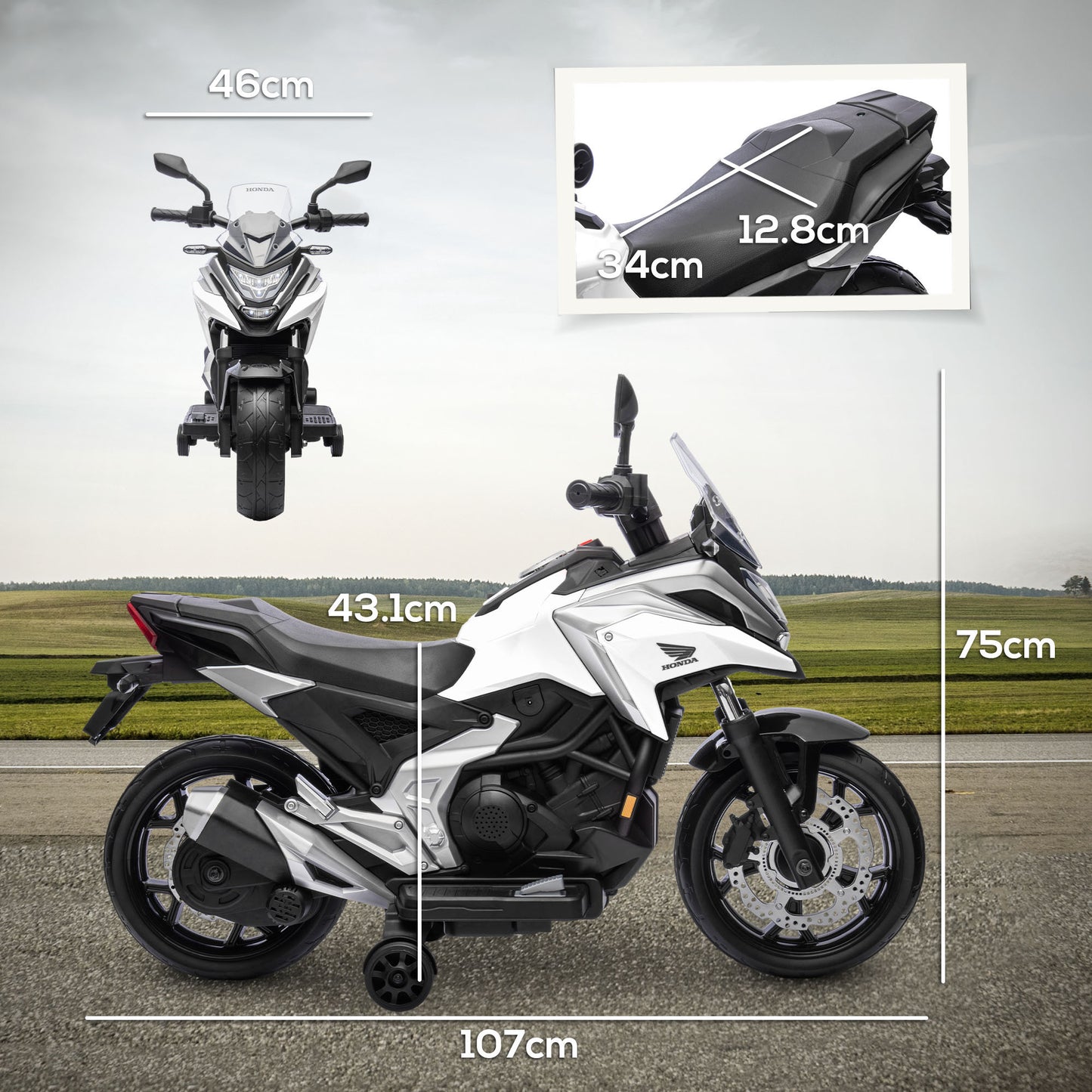 12V Honda Licensed Kids Electric Motorbike w/ Music, Headlights, Early Education Function, for Ages 3-6 Years, White