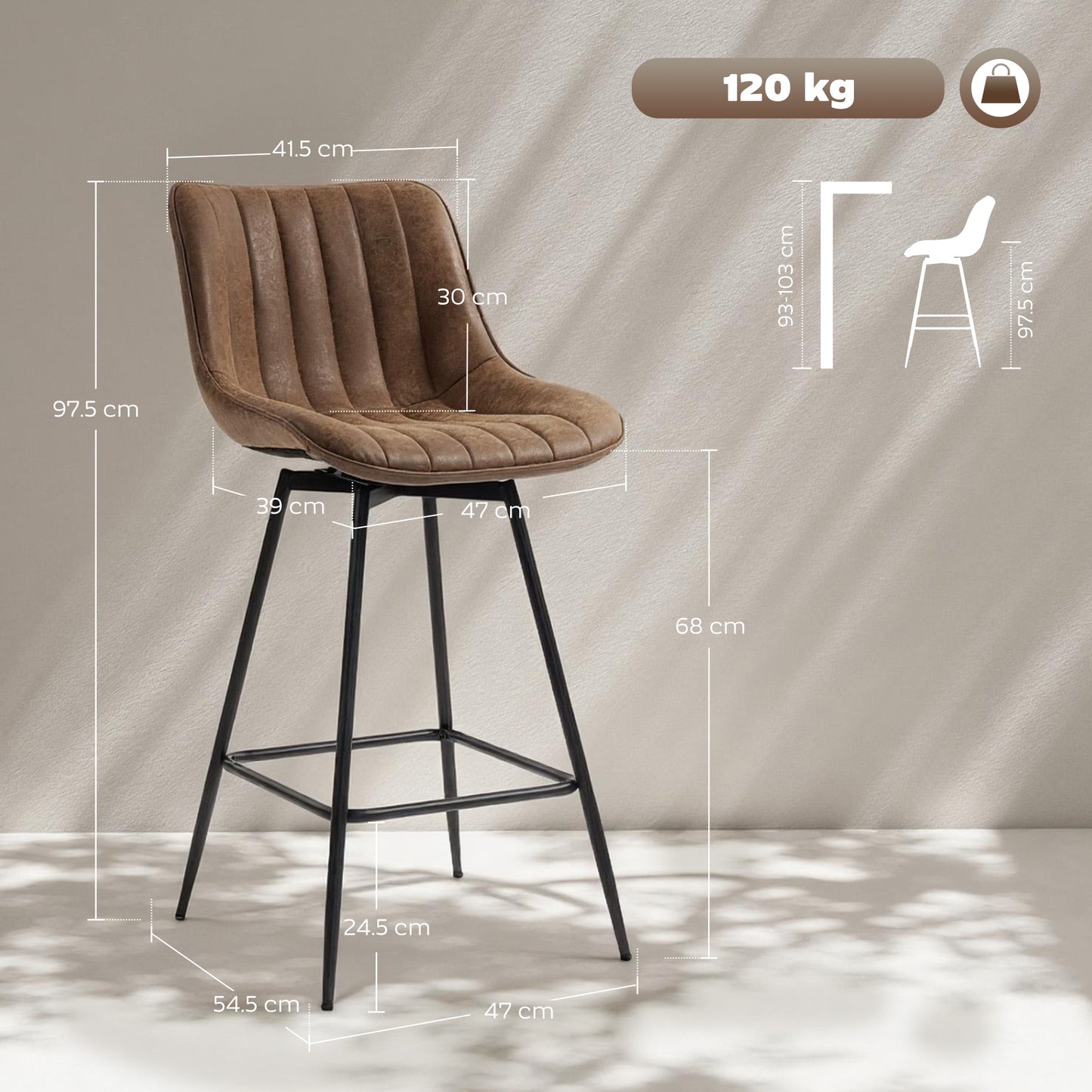 Set of 2 PU Leather Swivel Bar Stools - Brown