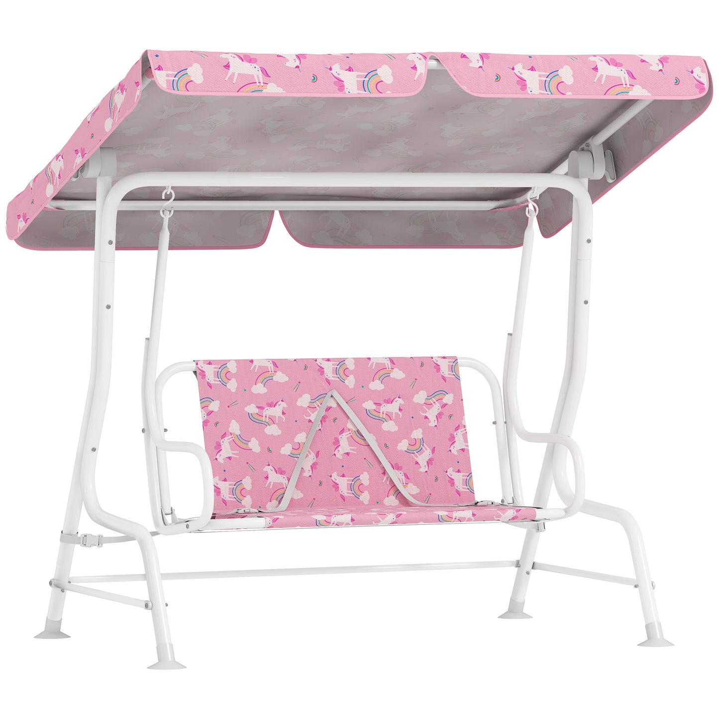 Kids Porch Swing, 2-Seater Patio Swing Bench Hammock with Seat Belts, Adjustable Canopy for Garden, Pink