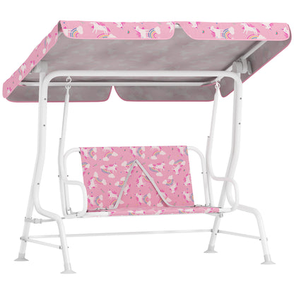 Kids Porch Swing, 2-Seater Patio Swing Bench Hammock with Seat Belts, Adjustable Canopy for Garden, Pink