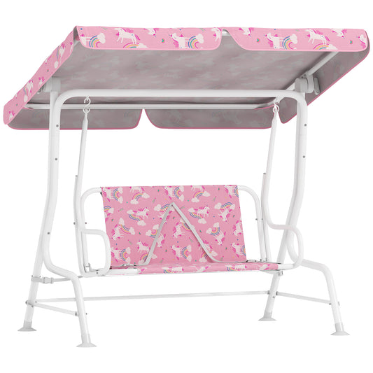 Kids Porch Swing, 2-Seater Patio Swing Bench Hammock with Seat Belts, Adjustable Canopy for Garden, Pink