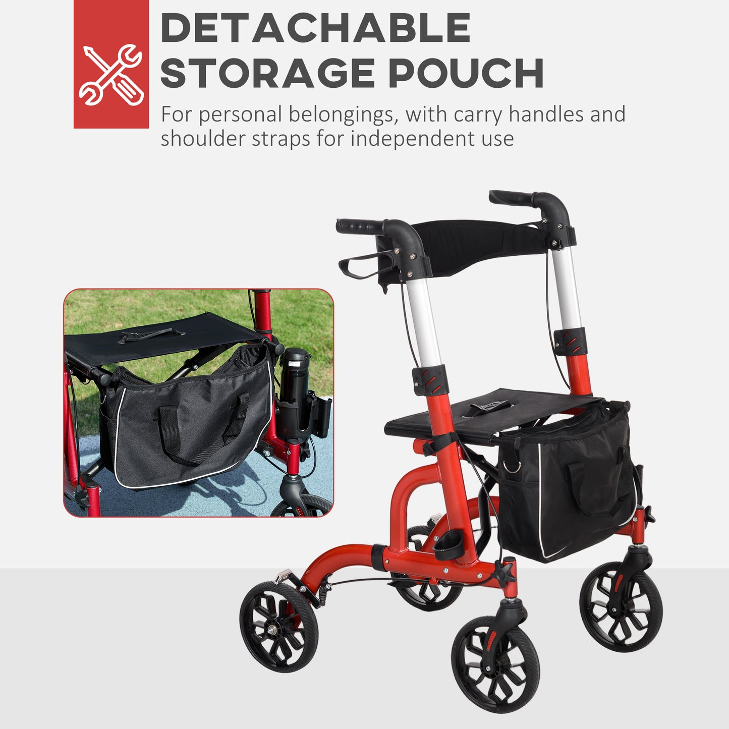 Lightweight Walking Frame, Folding Rollator Walker with Seat and Backrest, Red