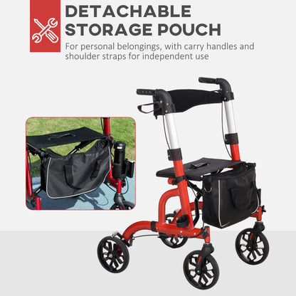 Lightweight Walking Frame, Folding Rollator Walker with Seat and Backrest, Red