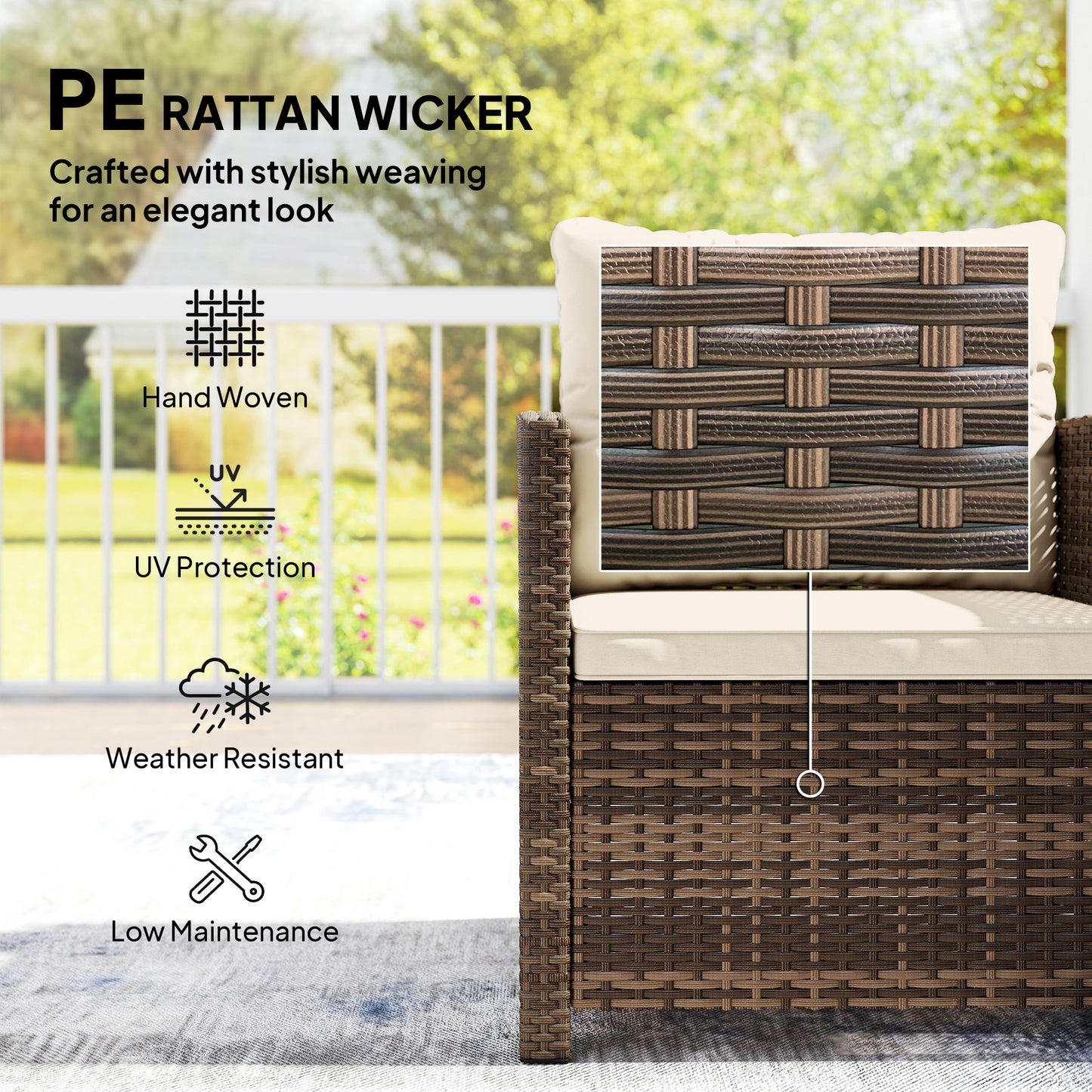 Rattan Bistro Set, 3 Piece Garden Furniture Set with 2 Tier Glass Top Table and Cushions, Mixed Brown