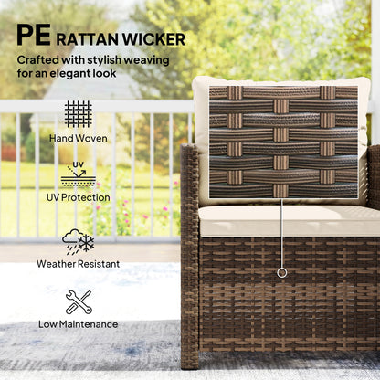 Rattan Bistro Set, 3 Piece Garden Furniture Set with 2 Tier Glass Top Table and Cushions, Mixed Brown