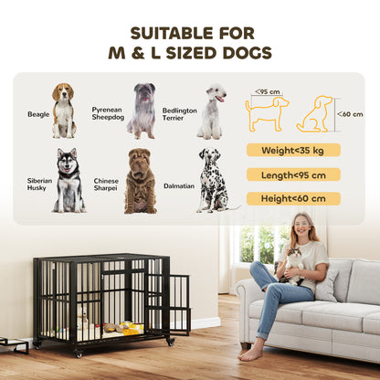 43" Heavy Duty Dog Crate, Foldable Dog Cage, with Openable Top, Locks, Removable Tray, Wheels - Black