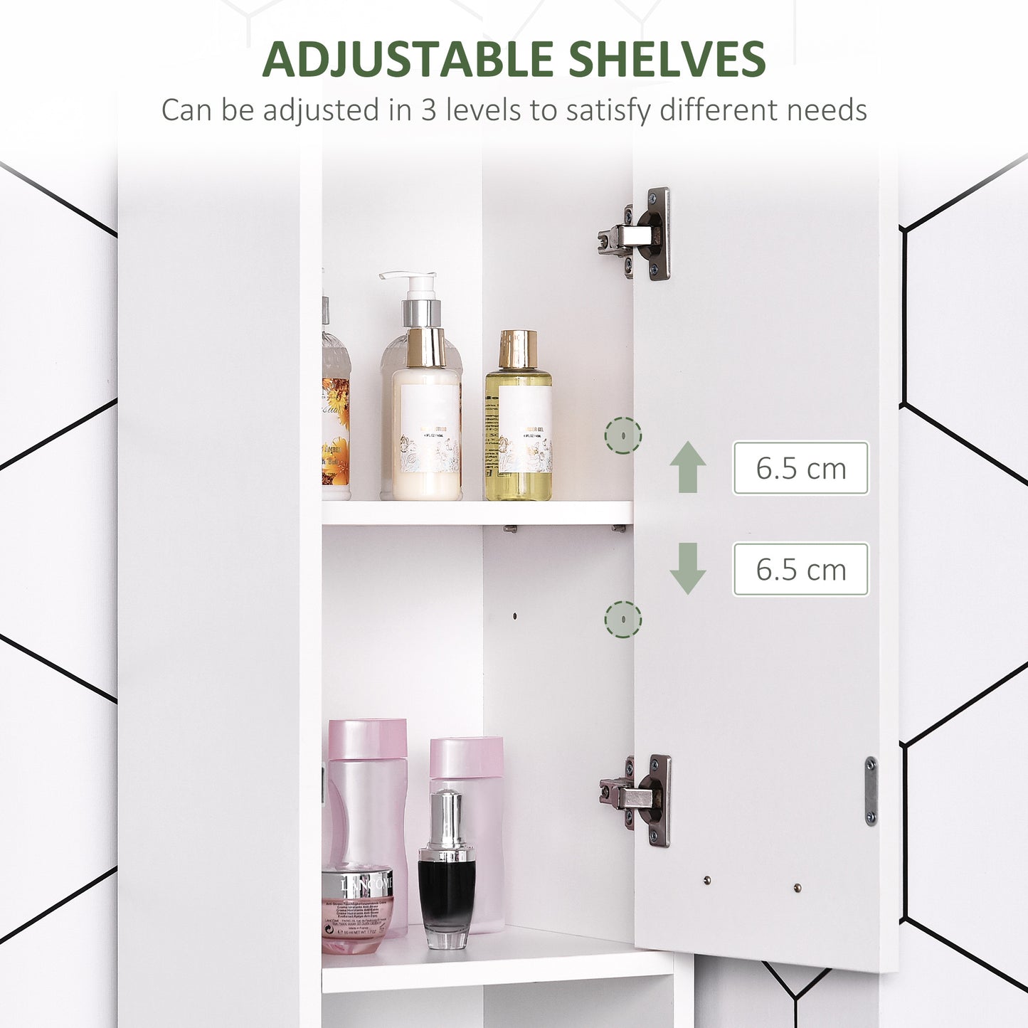 Tall Bathroom Storage Cabinet with Three-position Adjustable Shelves For Neutral Style, Hallway White