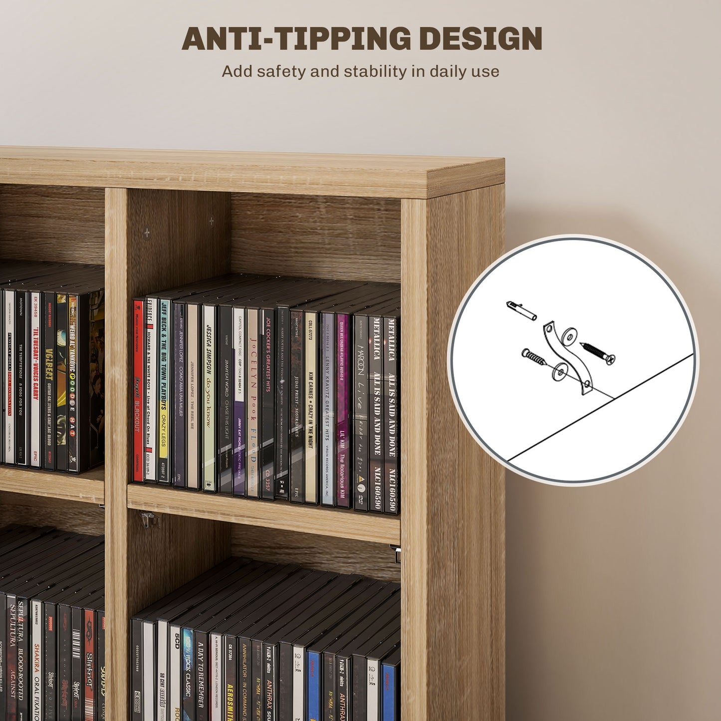 CD Storage Unit with Adjustable Shelves, Suitable for up to 456 CDs, 89 x 130.5 cm, Nature Wood Finish