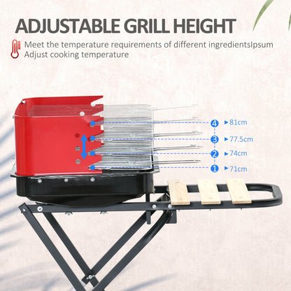 Charcoal Trolley BBQ Barbecue Grill Patio Camping Picnic Garden Party Outdoor Cooking with Windshield and Wheels Side Trays