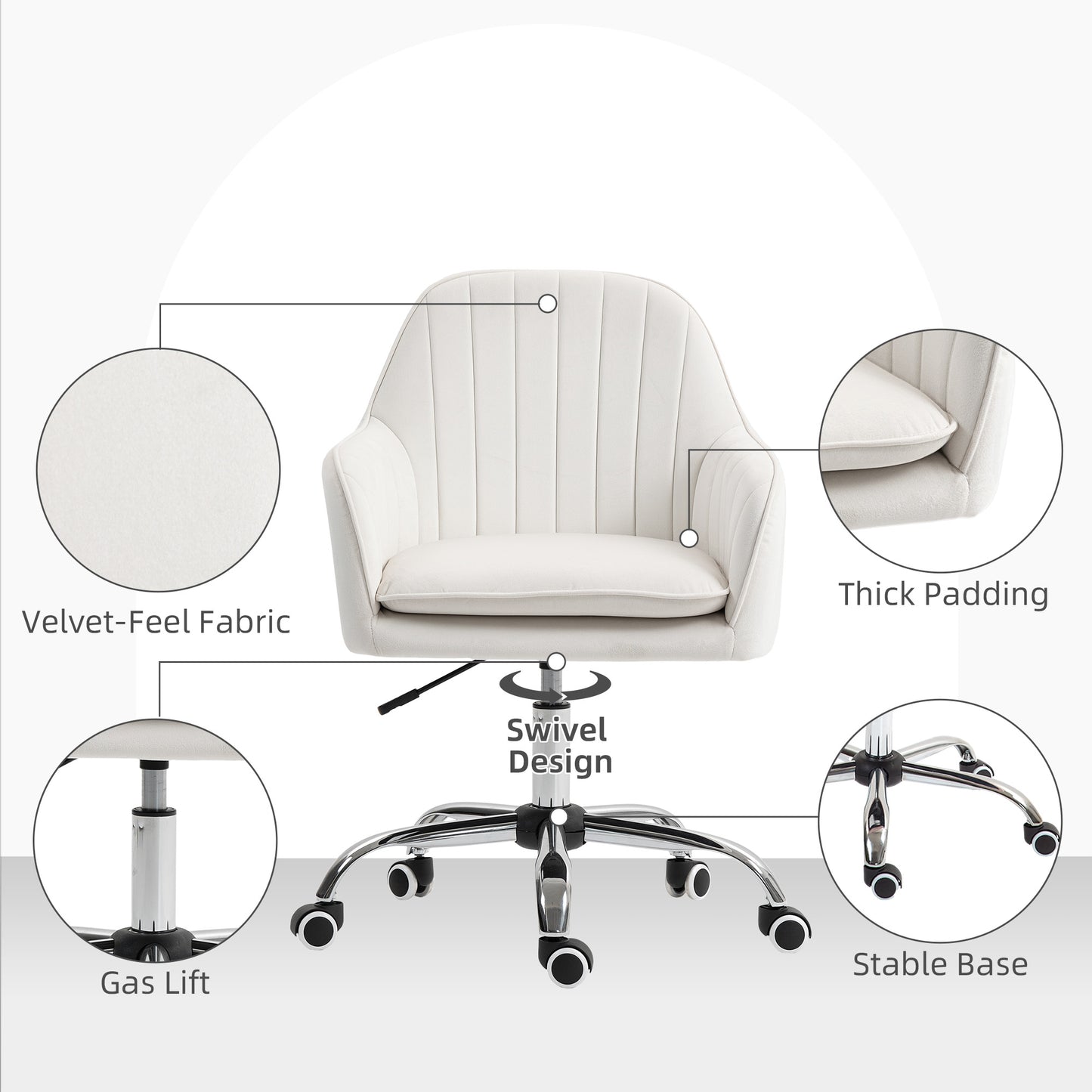 Velvet-Feel Office Chair with Adjustable Height and Wheels - Cream White