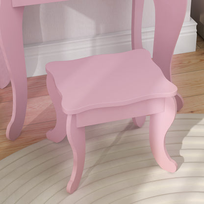 Kids Vanity Table and Chair Set with Tri-Folding Mirror and Stool, Makeup Dressing Table with Drawer, Pink