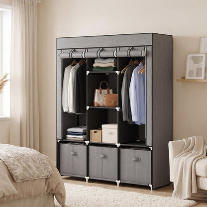 Foldable Fabric Wardrobe for Bedroom, Portable Wardrobe with 5 Shelves, 2 Hanging Rails and 3 Fabric Drawers, Dark Grey