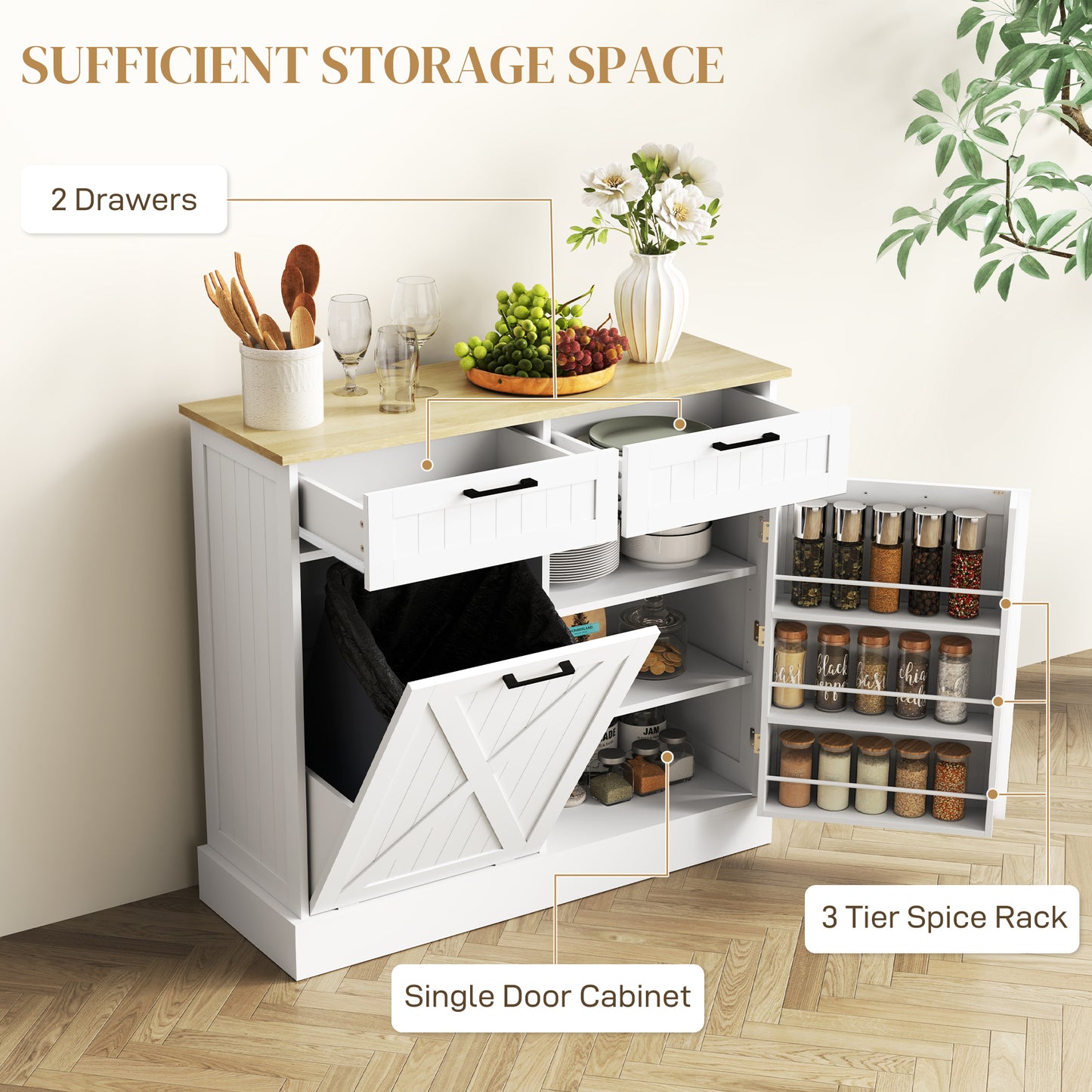 Sideboard with Tilt-out Trash Bin, Farmhouse Kitchen Sideboard with 2 Drawers, Adjustable Shelves, Door Racks, White