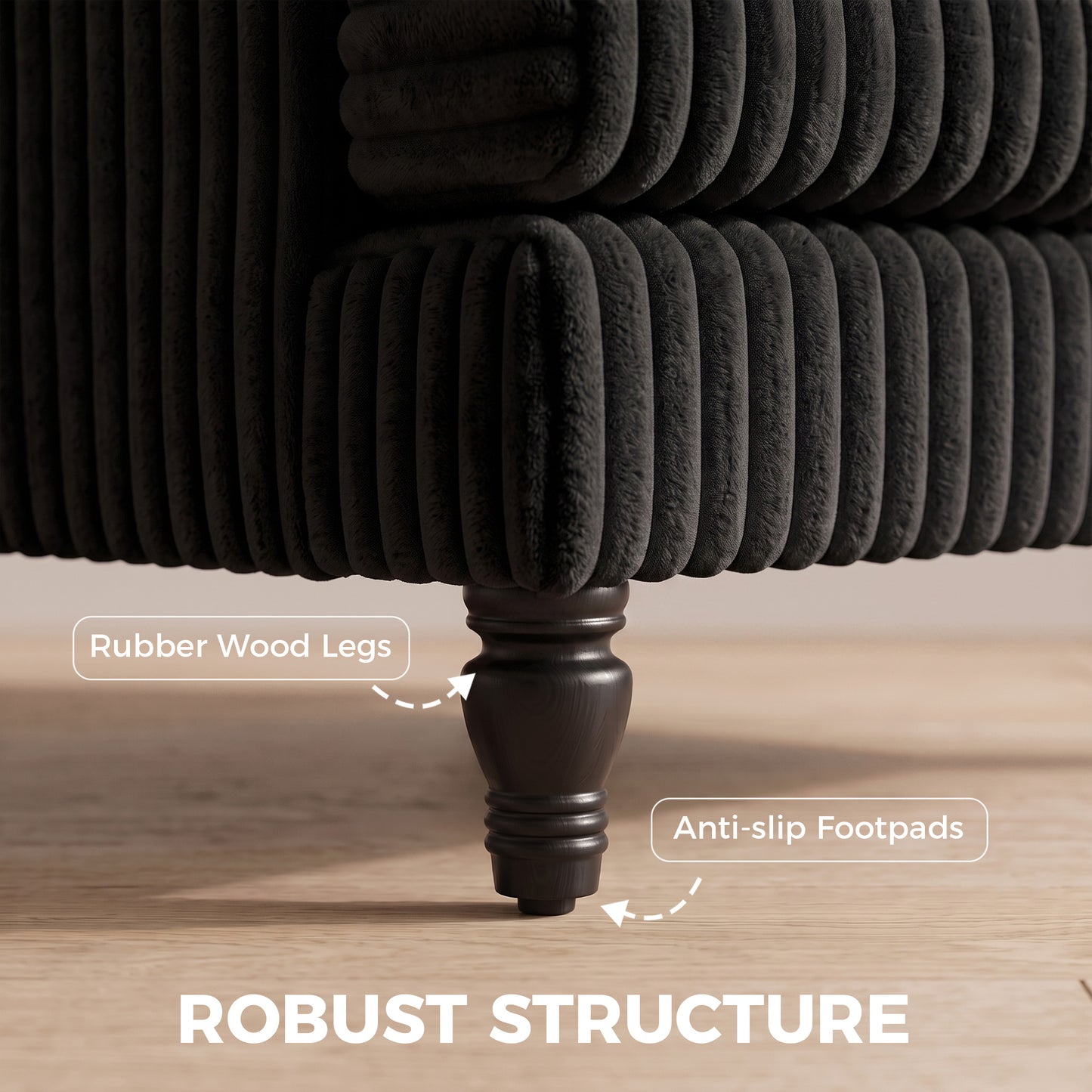 Corduroy Single Sofa Armchair, Modern Accent Chair with Stripes, Turned Legs and Wide Seat, Black