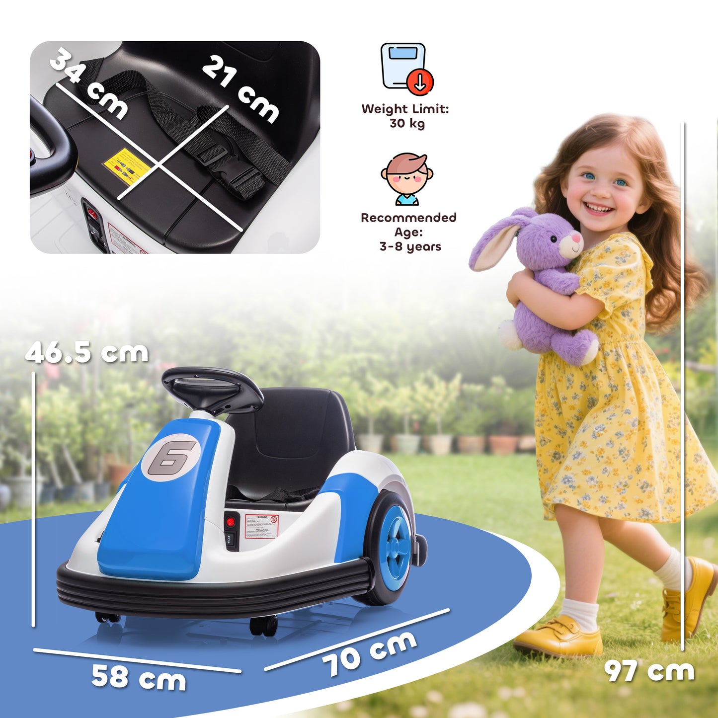 Kids Bumper Car with 360-Degree Rotation, 6V Electric Ride On Car with Music and Horn for 3-8 Years Old, Blue