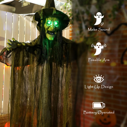 170 cm Life Size Hanging Halloween Animated Witch with Glowing LED Eyes, Spooky Witch Scary Halloween Decorations